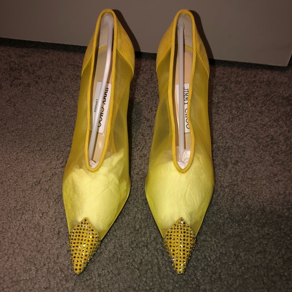 Jimmy Choo Women Nicole 90 Yellow Mesh and Suede Pumps with Crystal size 36 - Picture 2 of 6